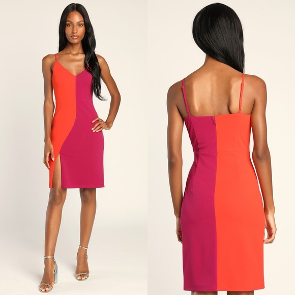 Lulus Dresses & Skirts - Lulus | Perfect Duo Coral Red and Purple Color Block Bodycon Mini Dress